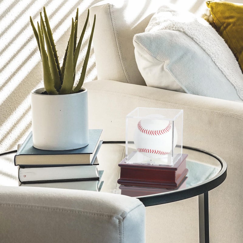 DisplayGifts Baseball Display Case Wooden Lacrosse Ball Stand - 98% UV High Protection All-Sides Closure Cube for a Home Run or Autographed Ball Cherry Finish Bottom - Image 4